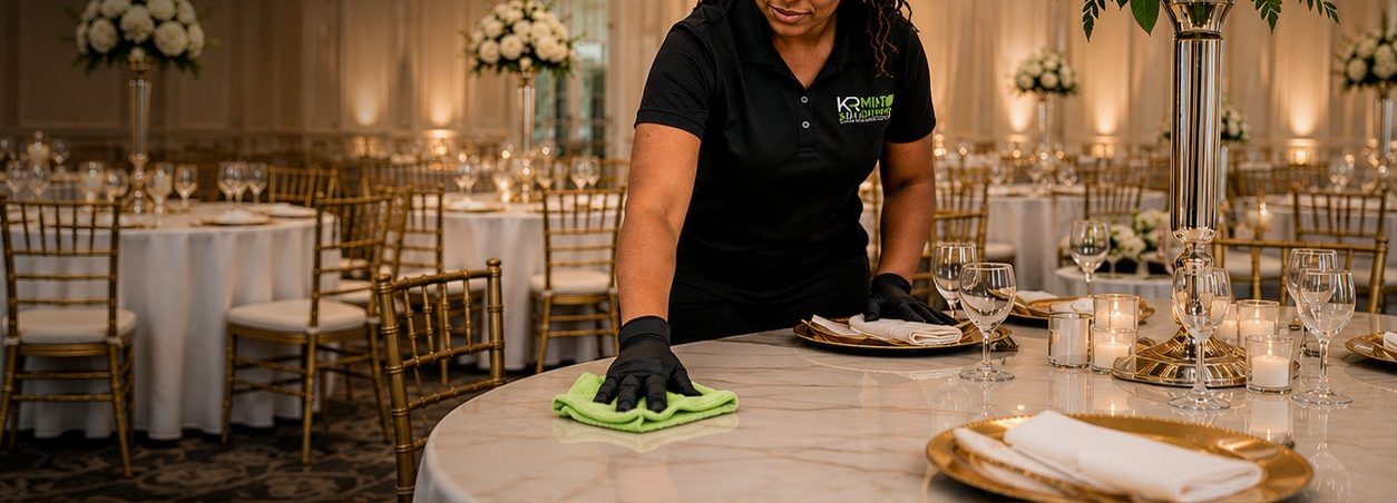 KR Mint Solutions crew member detail cleaning a wedding place setting