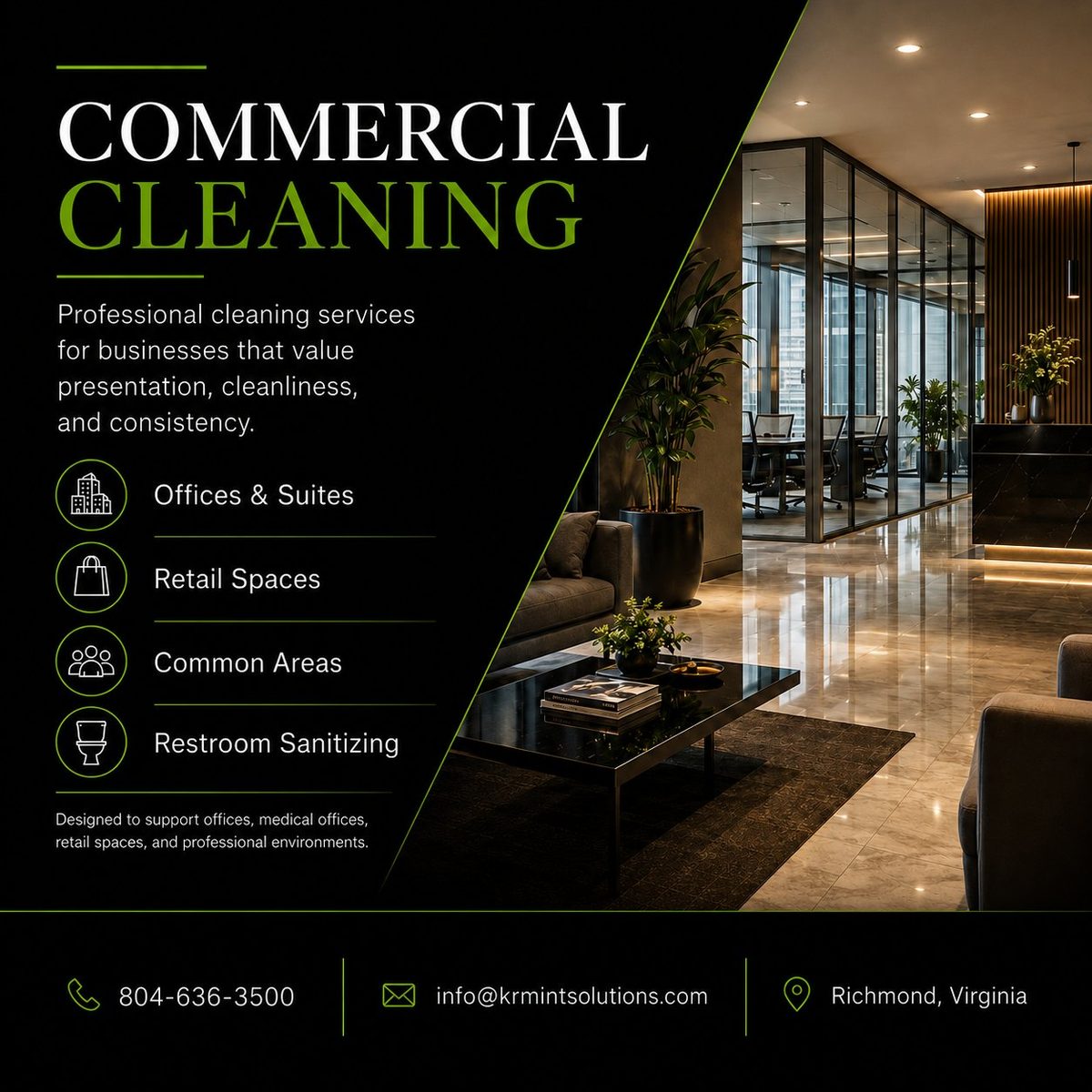 KR Mint Solutions Commercial Cleaning — Offices, Retail Spaces, Common Areas, Restroom Sanitizing