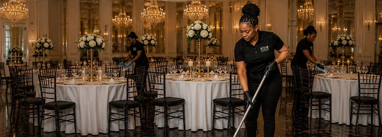 KR Mint Solutions crew performing post-event floor care and table reset in a luxury ballroom